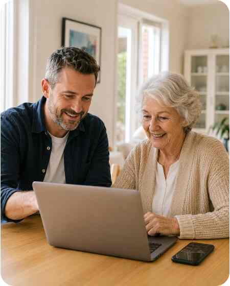 A friendly local technician helping a woman with her laptop
